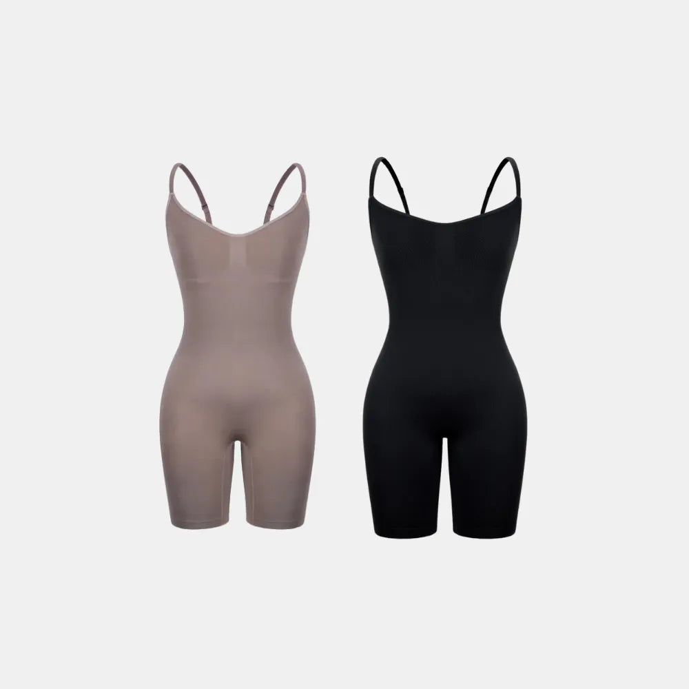 Imagem dupla do Body Elegance Modelador nas cores preta e bege, com alças finas e modelagem confortável para o corpo, proporcionando um visual elegante e discreto sob roupas.