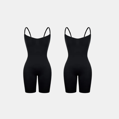 Imagem dupla do Body Elegance Modelador preto, com alças finas e design que modela o corpo, disponível em dois tamanhos, proporcionando conforto e elegância.