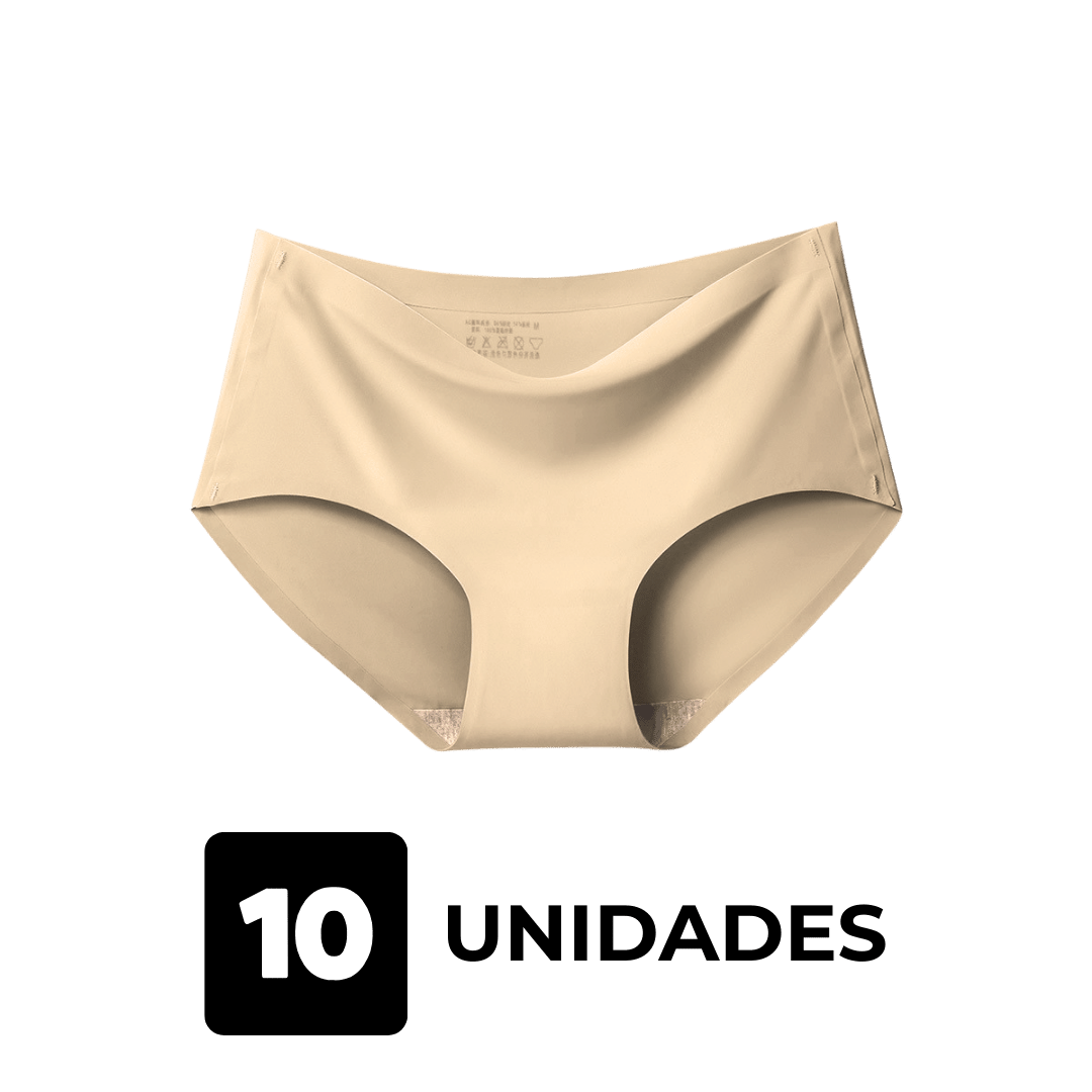 Imagem de uma calcinha bege sem costura da Cygnuss sobre fundo transparente, representando um kit com 10 unidades. O design confortável e discreto oferece ajuste perfeito para o dia a dia.