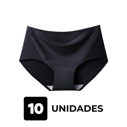 Imagem de uma calcinha preta sem costura da Cygnuss sobre fundo transparente, representando um kit com 10 unidades. O design confortável e discreto é ideal para o dia a dia.